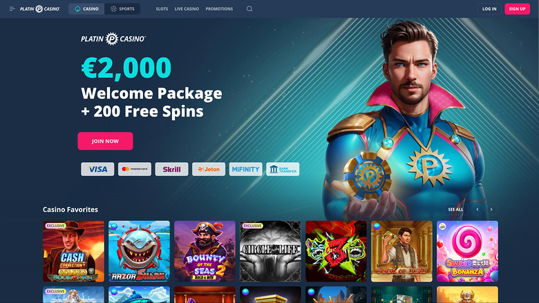 Platin Casino homepage showing a €2,000 welcome package with 200 free spins, a superhero mascot, payment logos and a Casino Favorites game row.
