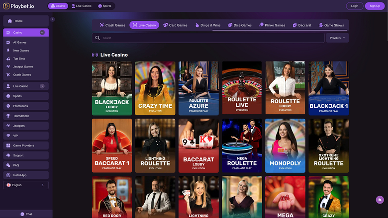 Playbet.io Casino — Live dealer lobby