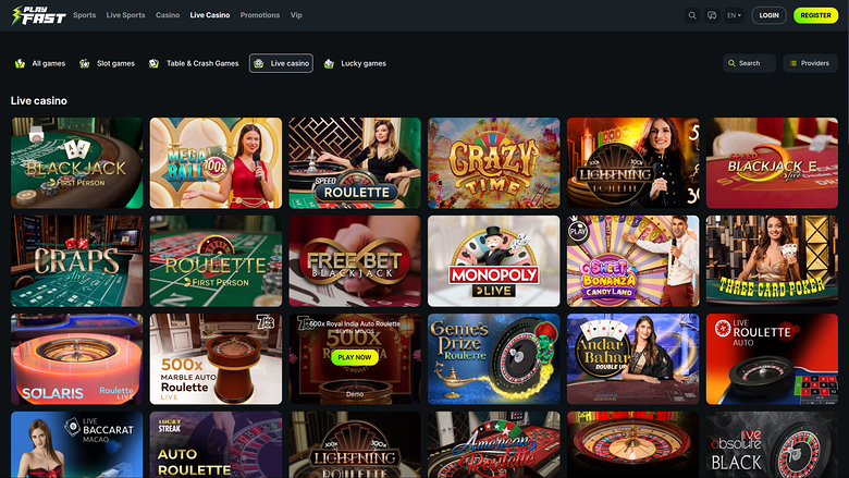 PlayFast Casino — Live dealer lobby