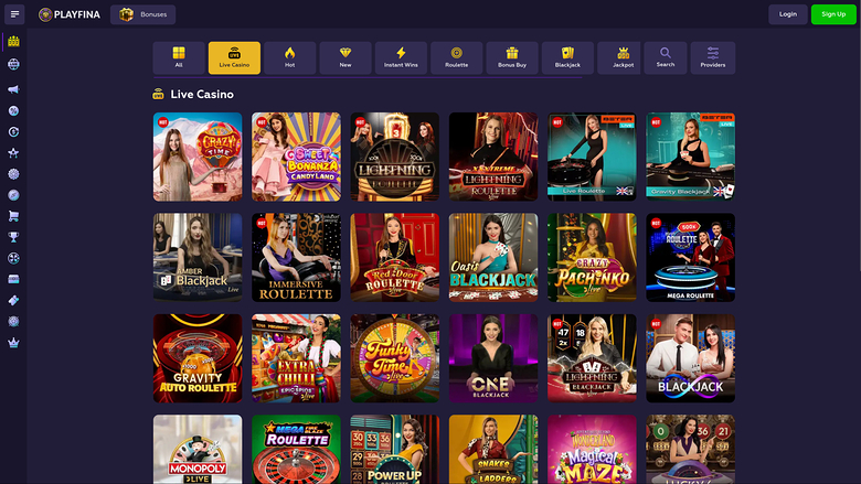 Playfina Casino — Live dealer lobby