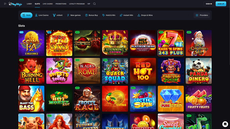 A 'Slots' lobby page on the YayMigo casino site showing a grid of game tiles beneath a category menu.
