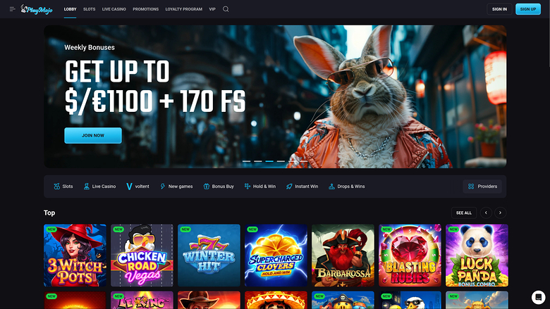 A 'PlayMojo' online casino homepage showing a 'Weekly Bonuses' hero banner with a rabbit image, a category strip, and a 'Top' row of game tiles.