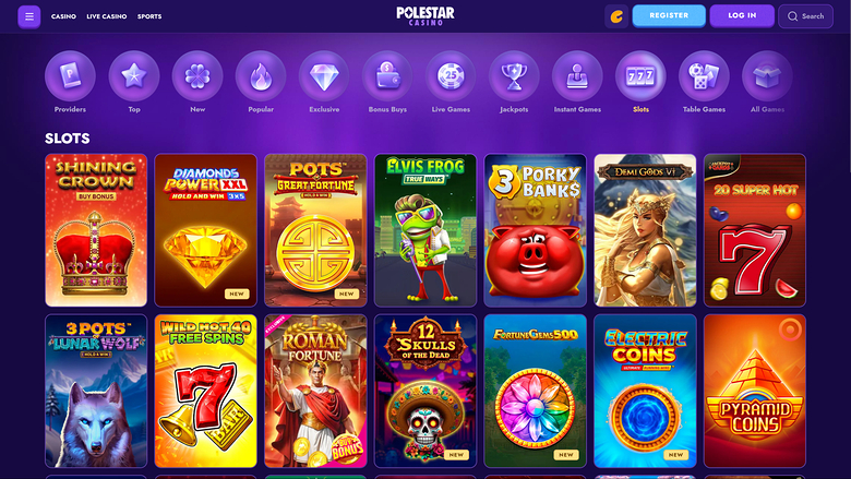 A Polestar casino lobby screen showing a top navigation bar, a row of category icons, and a Slots section with game tiles.