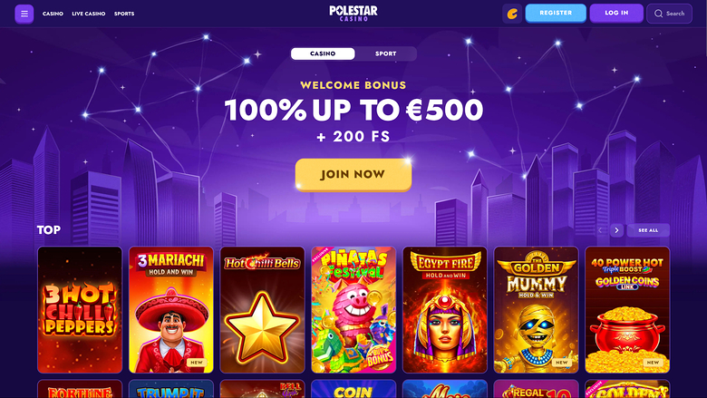 A Polestar casino lobby screenshot showing a welcome bonus banner and a row of game tiles under a 'TOP' heading.