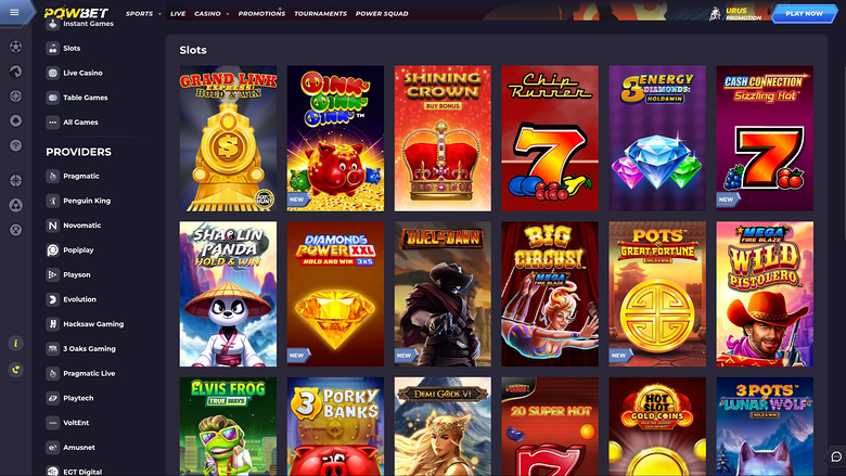 A desktop online casino lobby showing a Slots game grid with a left sidebar of lobby and provider filters.
