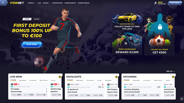 A Powbet sportsbook homepage showing a first deposit bonus banner, three promotional tiles, and live, highlights and upcoming betting sections.