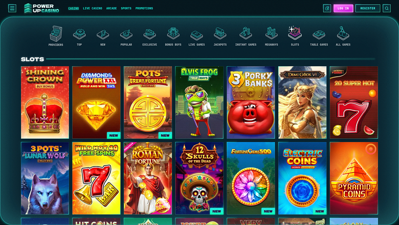 A casino lobby screenshot showing a row of category icons above a Slots section with two rows of game tiles.