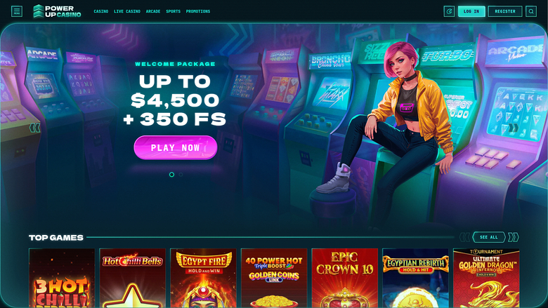 A Power Powerup casino homepage shows a welcome package hero banner and a row of top game tiles.