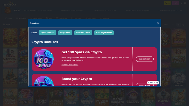 PrimaPlay Casino — Promotions page