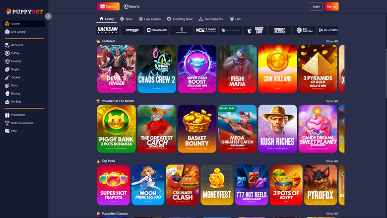An online casino lobby titled PuppyBet showing a left sidebar menu and rows of colourful game tiles under Featured, Provider Of The Month and Top Picks headings