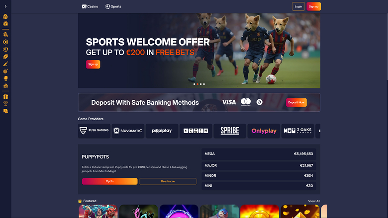 A casino website homepage shows a sports welcome offer hero banner, a deposit banner, game provider logos, a jackpot panel and a row of featured game tiles.