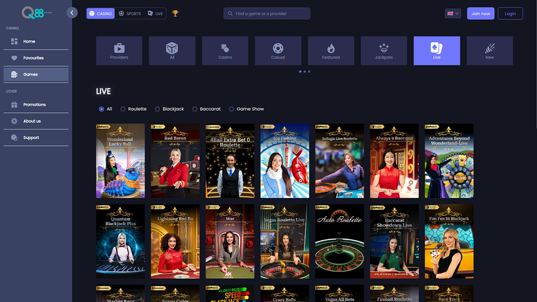Q88bets — Live dealer lobby