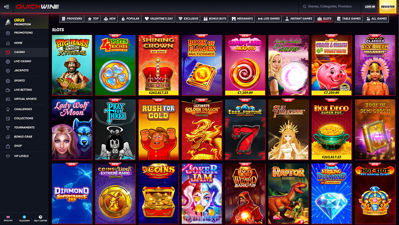 A QuickWin casino lobby screen showing a Slots category grid of game tiles with a left sidebar menu and top navigation tabs.