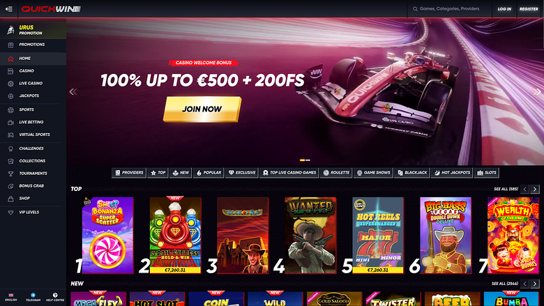 A QuickWin casino lobby screen showing a welcome bonus hero banner above a row of numbered game tiles and a left sidebar menu.