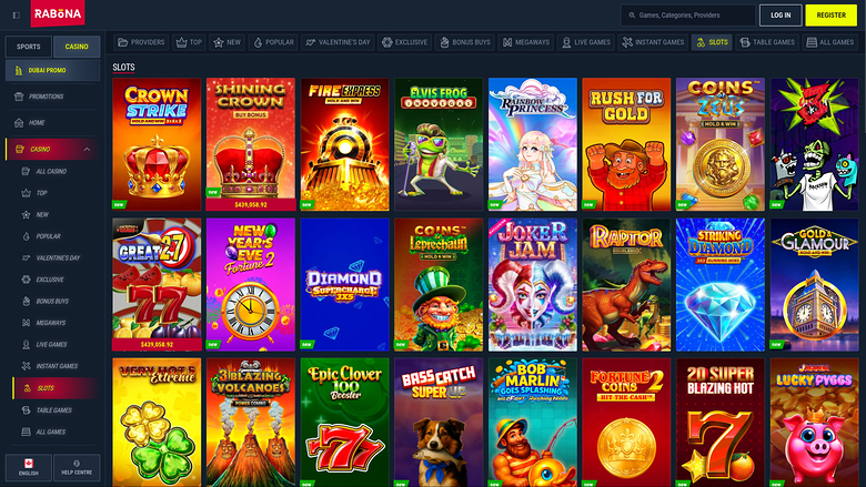 A Rabona casino lobby Slots page showing a grid of slot game tiles beneath a top navigation bar and a left sidebar menu.