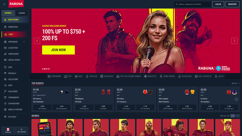 A Rabona casino lobby screen showing a casino welcome bonus hero banner, a top events sports betting section and a sports category row.