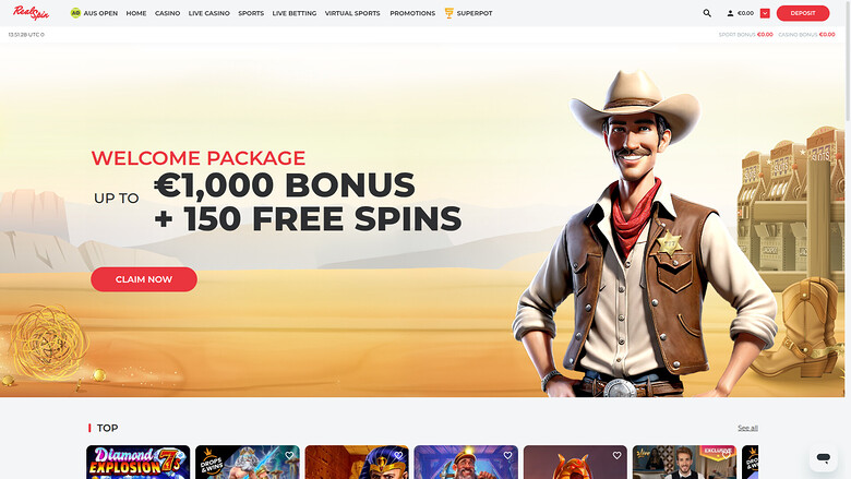 A casino homepage shows a cowboy-themed welcome package hero banner above a row of game tiles labelled TOP.