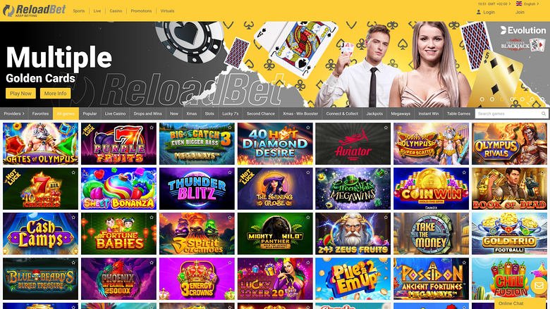A desktop screenshot of the ReloadBet online casino lobby showing a promotional hero banner above a grid of game thumbnails and a category menu.