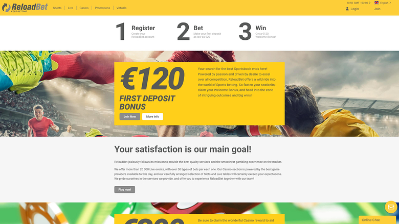 ReloadBet casino homepage showing a €120 first deposit bonus hero banner, a three-step registration strip and a satisfaction section.