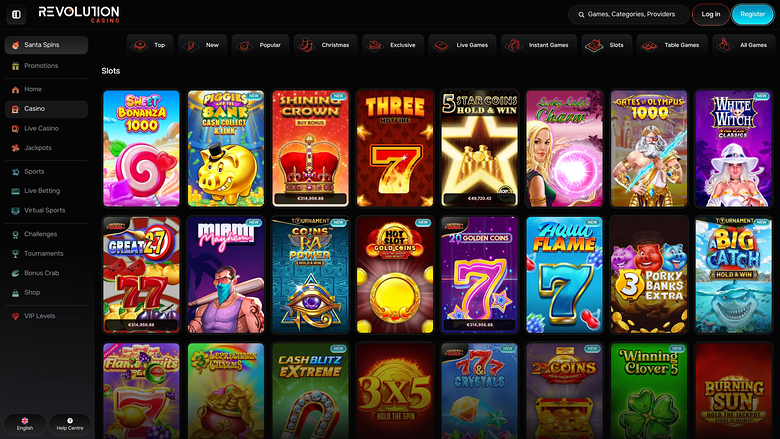 An online casino lobby titled REVOLUTION shows a grid of slot game tiles under a Slots heading with a left sidebar and top navigation.