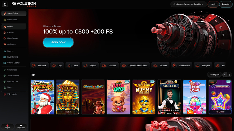 An online casino lobby screenshot showing a welcome bonus banner, a left sidebar menu, category filters and a row of game tiles.
