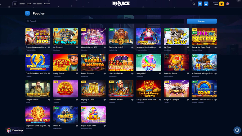 An online casino lobby page showing a grid of game tiles under a 'Popular' heading with a search bar and provider filter.