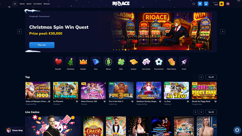 An online casino lobby for RioAce showing a Christmas Spin Win Quest promotion with a €30,000 prize pool, category icons, and rows of Top and Live Casino game t