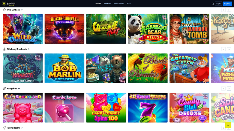 A casino lobby screen showing rows of game thumbnails under category headings such as Wild Outback, Billabong Breakouts, KongaPop and Ruby's Realm.