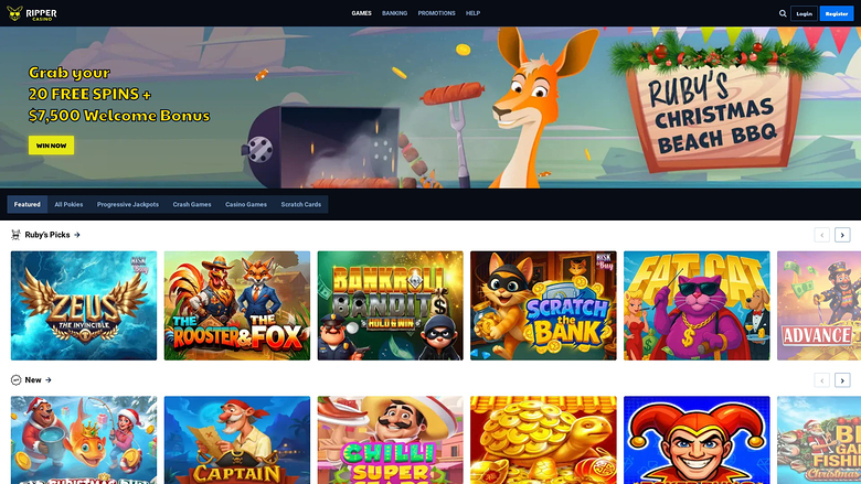 An online casino lobby screenshot showing a Christmas-themed hero banner with a welcome bonus and rows of game tiles under Featured and New sections.