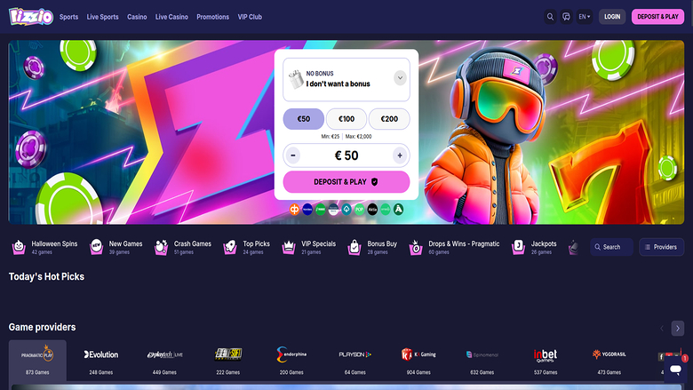 A casino lobby homepage with a deposit bonus sign-up panel over a colourful hero banner, a category strip and game provider tiles.