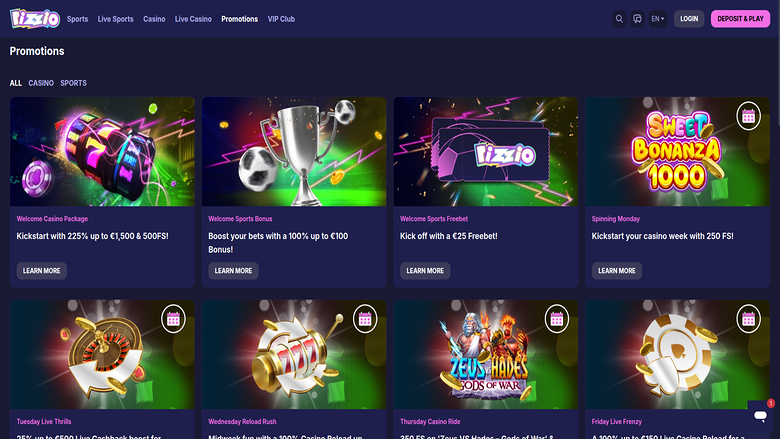 A 'Promotions' page on the Lizzo casino site showing a grid of eight promotional tiles with 'Learn More' buttons.