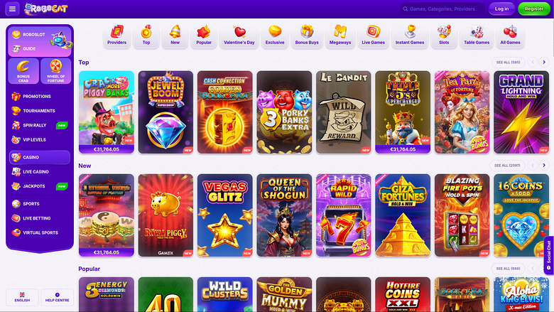 A desktop online casino lobby for 'Rogobet' showing a purple sidebar menu, a horizontal category icon bar, and rows of game tiles under Top, New and Popular hea