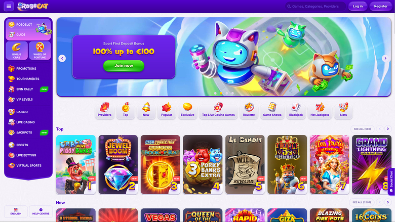 A desktop online casino lobby for 'ROBOBET' showing a sports bonus hero banner, a category icon row, and 'Top' and 'New' game tile rows.
