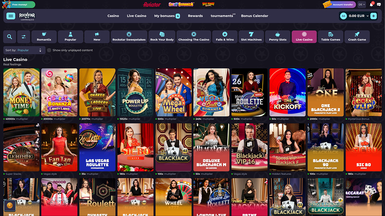 RockstarWin Casino — Live dealer lobby