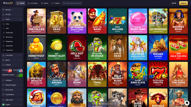 A casino lobby screen showing a grid of game thumbnails with a left sidebar of categories and a top navigation bar.