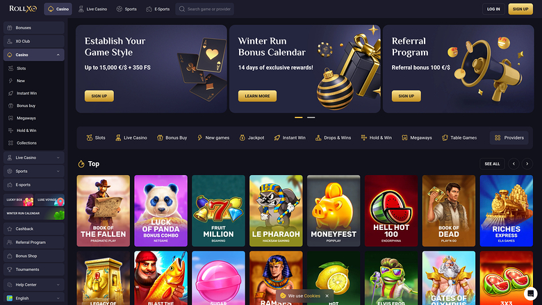 A desktop online casino lobby screenshot showing a top navigation bar, three promotional banners, a category menu and a grid of game tiles.