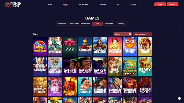 A 'Games' lobby page on the Robin Slots casino site showing a grid of slot game tiles under a Slots tab.
