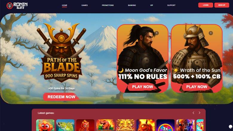 A casino homepage shows a samurai-themed hero banner for 'Path of the Blade' with two promotional panels and a 'Latest games' row below.