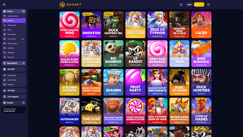 A casino lobby screen showing a grid of game tiles with a left sidebar menu and a top header.