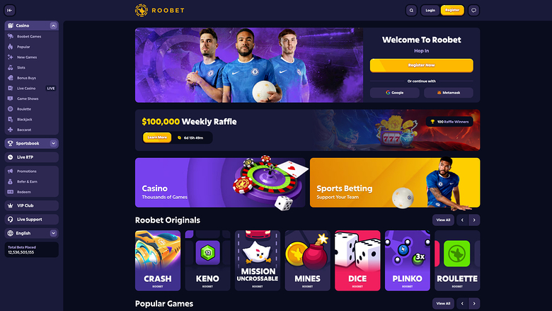 A dark-themed online casino homepage for Roobet showing a welcome/registration panel, a $100,000 Weekly Raffle banner, casino and sports betting promos, and a r