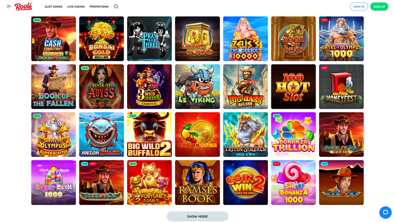 An online casino lobby page showing a grid of game thumbnails under the Rootz brand with top navigation tabs and sign-in and sign-up buttons.