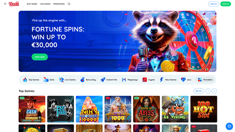 An online casino homepage for Roobet showing a Fortune Spins promotional banner, a row of lobby category shortcuts and a Top Games grid of game tiles.