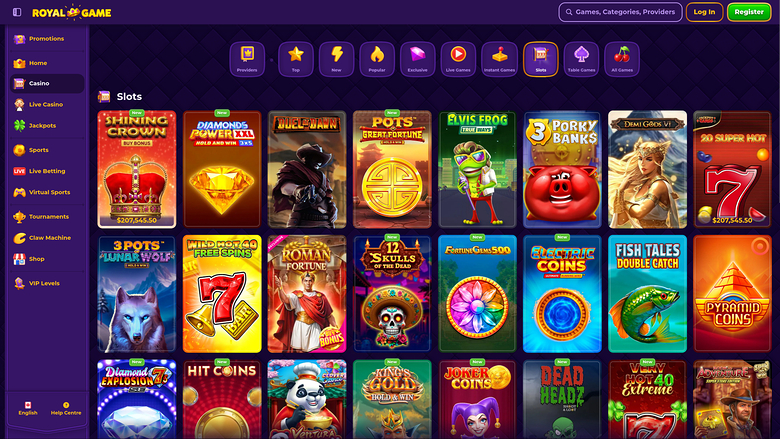 A desktop online casino lobby screenshot showing a purple sidebar menu, a top bar with login and register buttons, and a grid of slot game tiles under a Slots h