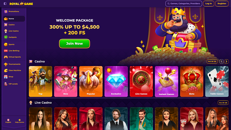 A 'Royal Game' online casino lobby shows a welcome package banner, a left sidebar menu, and rows of Casino and Live Casino category tiles.