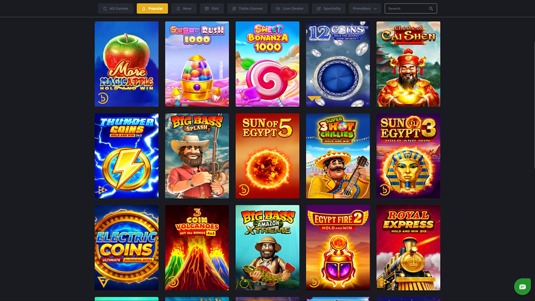 A casino lobby screen showing a grid of game tiles under a horizontal category menu with a search box.