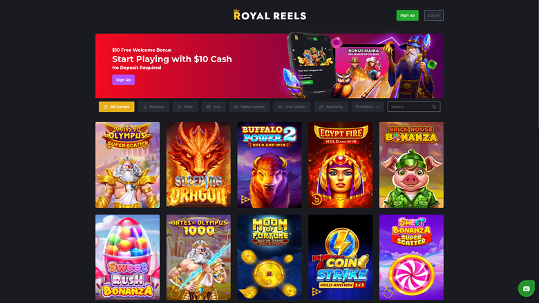 A casino lobby page for Royal Reels showing a no-deposit bonus banner and a grid of game tiles.