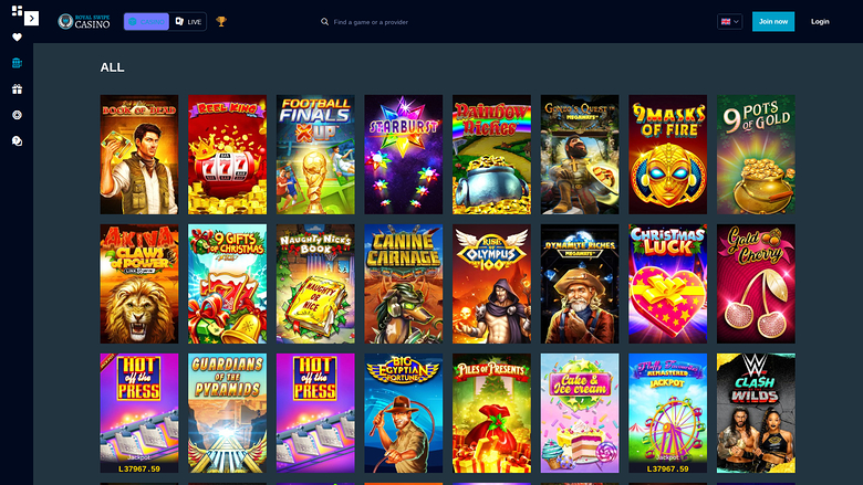 An online casino lobby page showing a grid of game tiles under an 'ALL' heading, with a top navigation bar and a left icon sidebar.