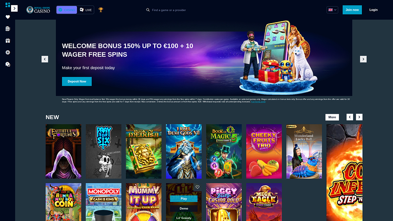An online casino lobby shows a welcome bonus banner above a 'NEW' row of game tiles.