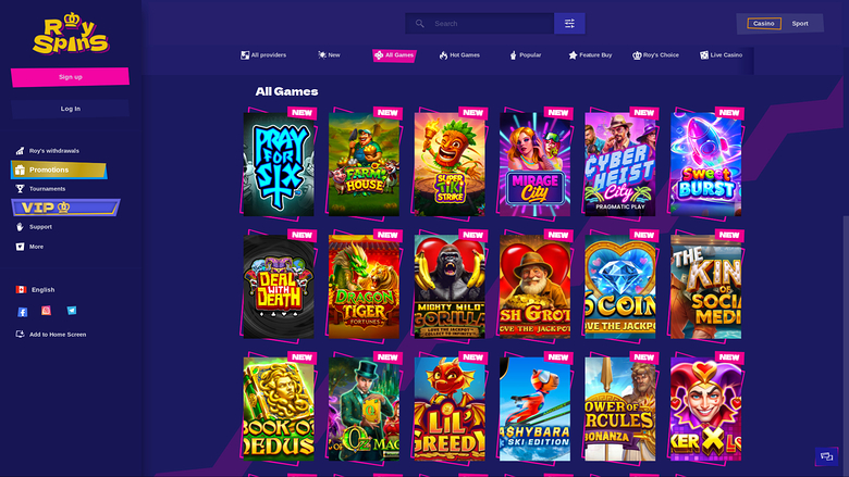 An online casino lobby page titled All Games showing a grid of game tiles with a left sidebar and top navigation.