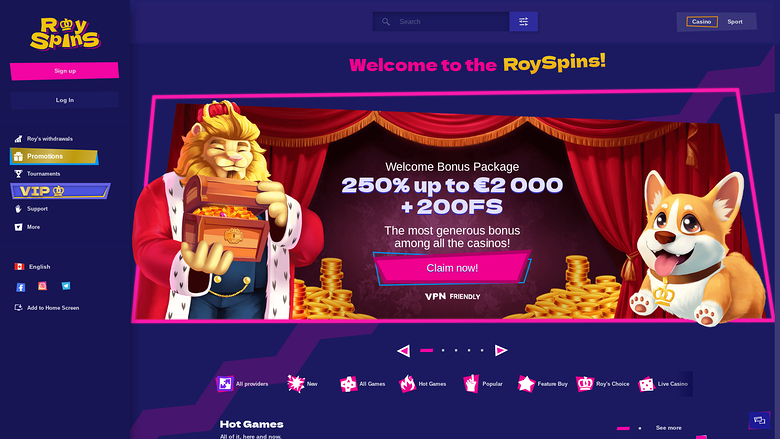 RoySpins casino homepage showing a welcome bonus banner, a left sidebar menu and a Hot Games section below.